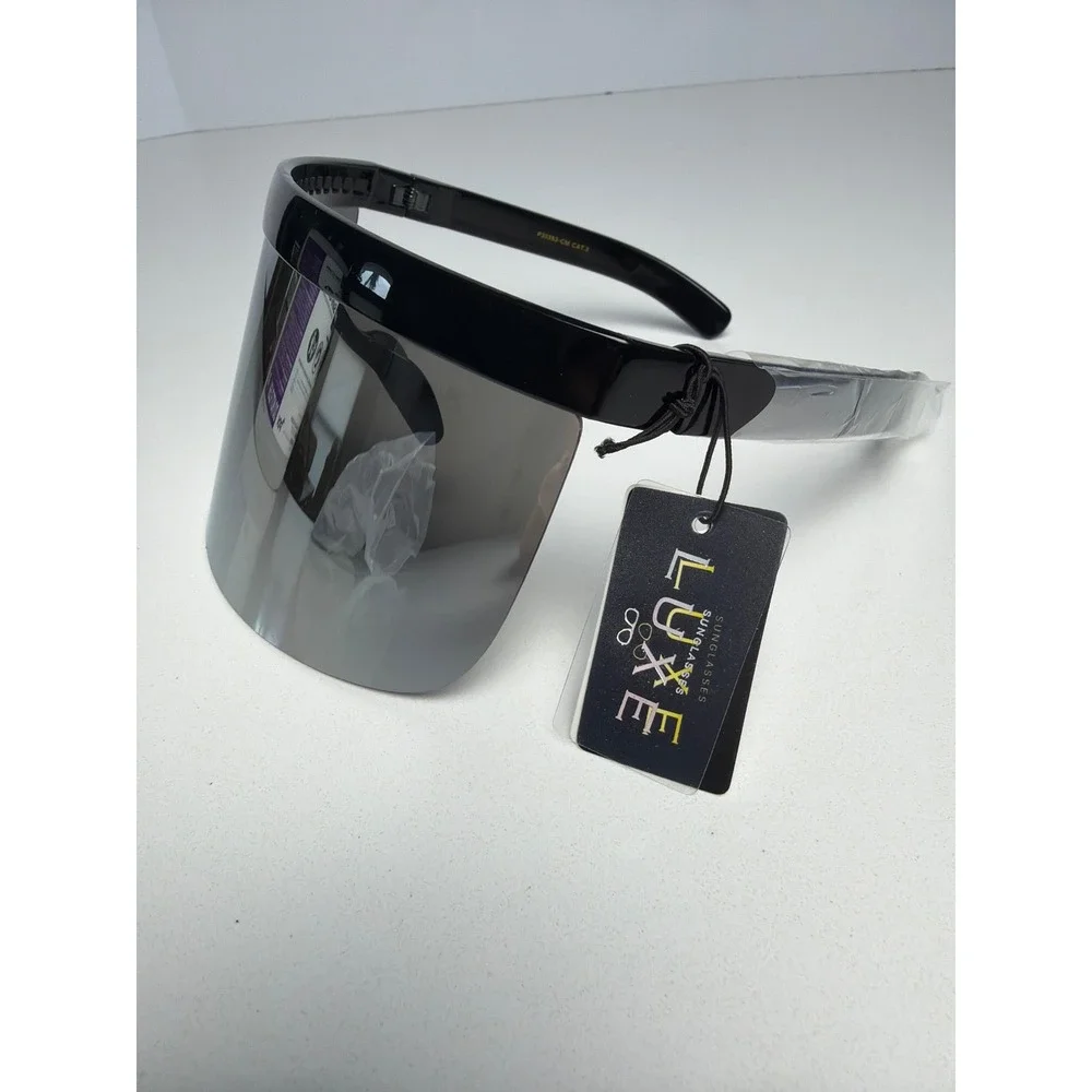 Luxe P30353-CM Shield Sunglasses Black Silver Mirror Oversized Visor Shades